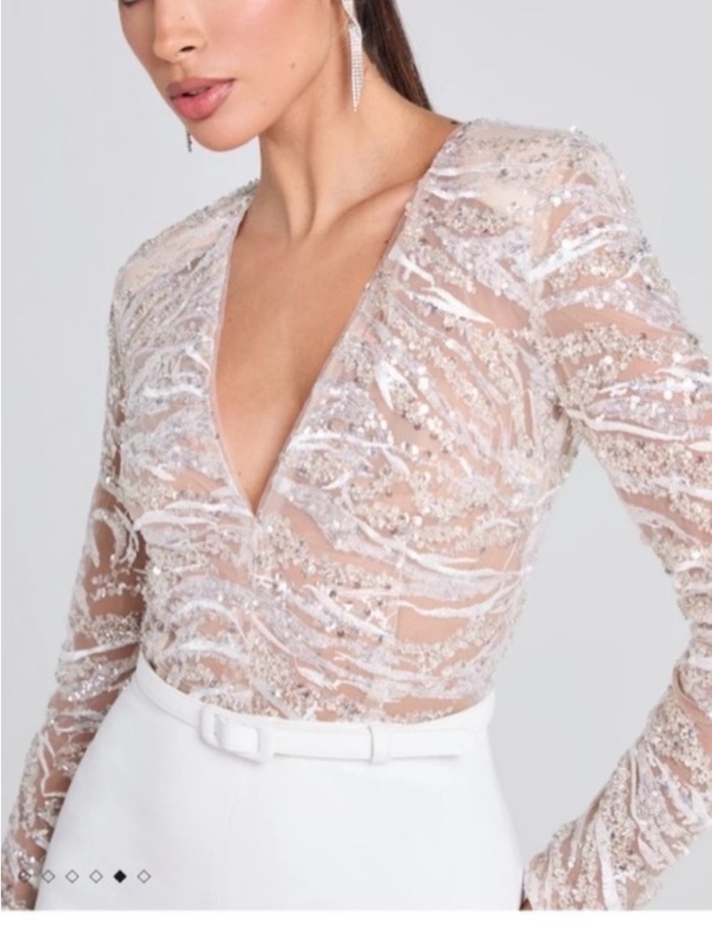 NADINE MERABI Nude & White Sequin Plunging Sheer Jumpsuit